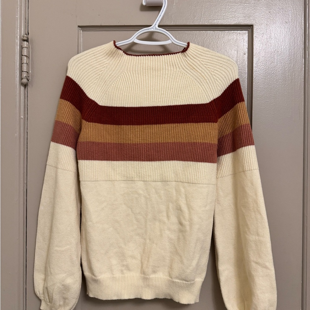 bohme Cream Crewneck Sweater with Rust and Mustard Stripes